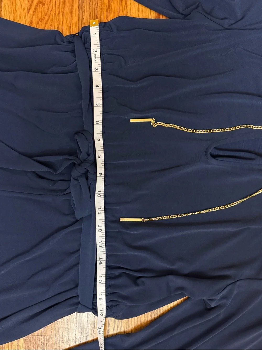 Michael Kors Navy Long-Sleeve Ruffle-Hem Dress with Tie Waist and Gold Accents